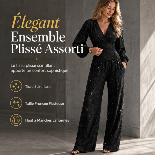 Ensemble deux pièces pour femme, automne-hiver, haut plissé à col V profond et manches bouffantes, avec pantalon large à poches