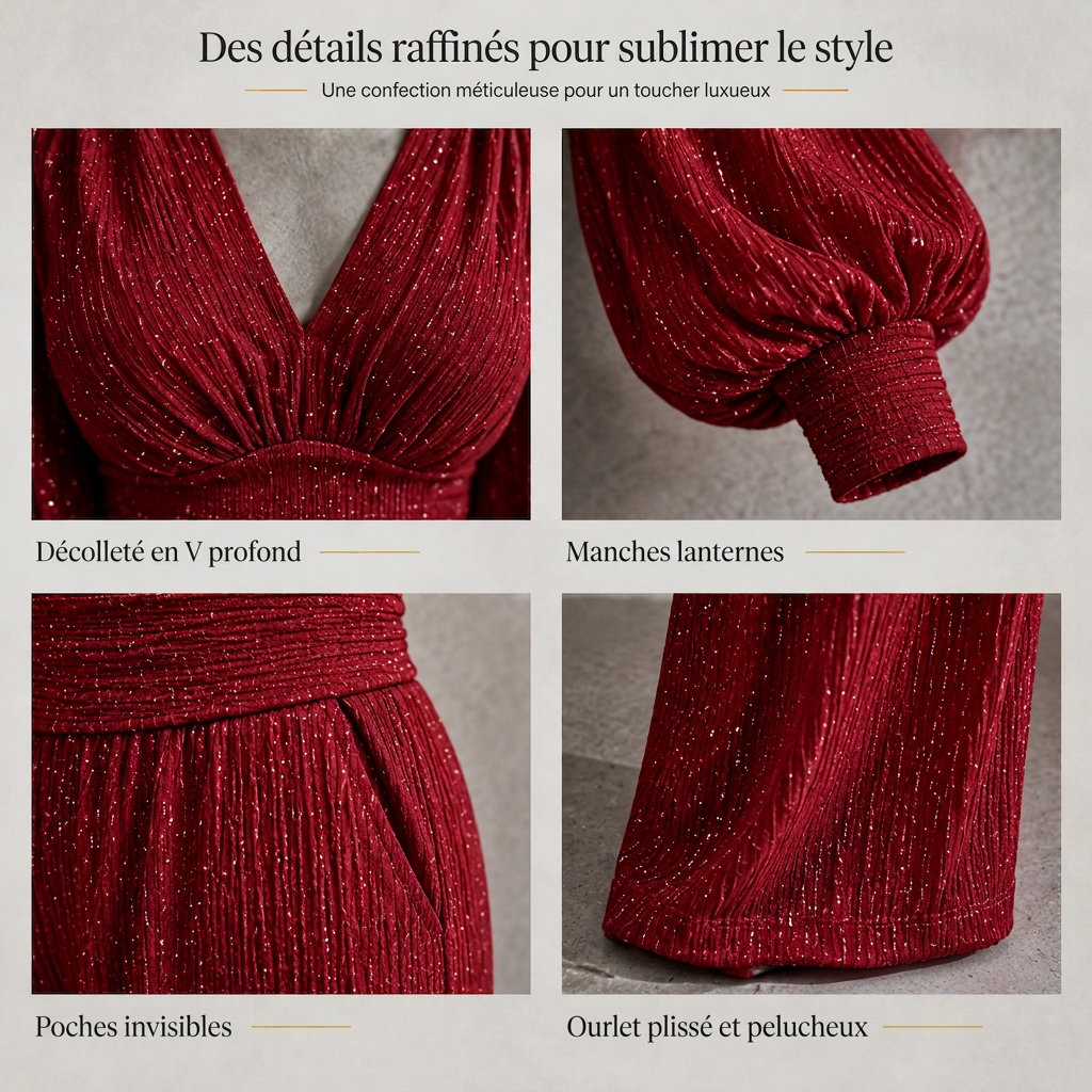 Ensemble deux pièces pour femme, automne-hiver, haut plissé à col V profond et manches bouffantes, avec pantalon large à poches