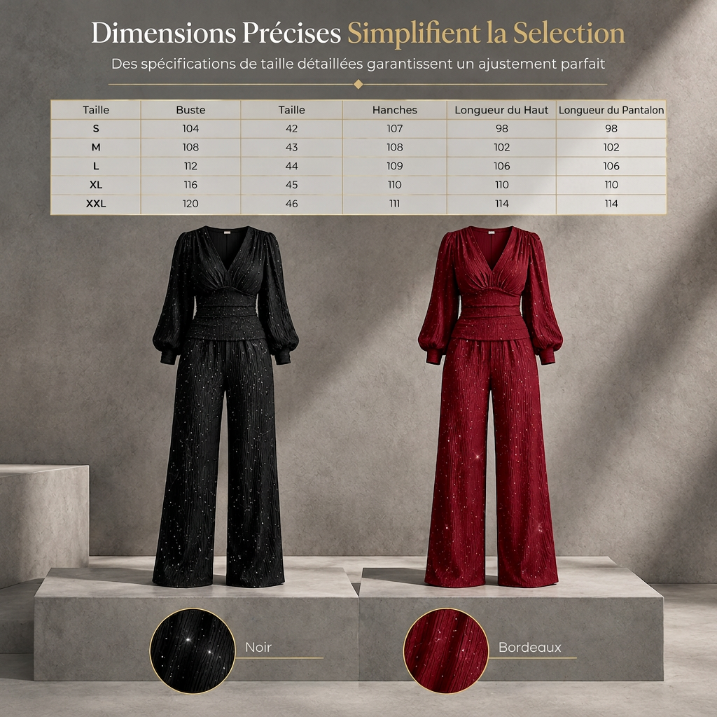 Ensemble deux pièces pour femme, automne-hiver, haut plissé à col V profond et manches bouffantes, avec pantalon large à poches