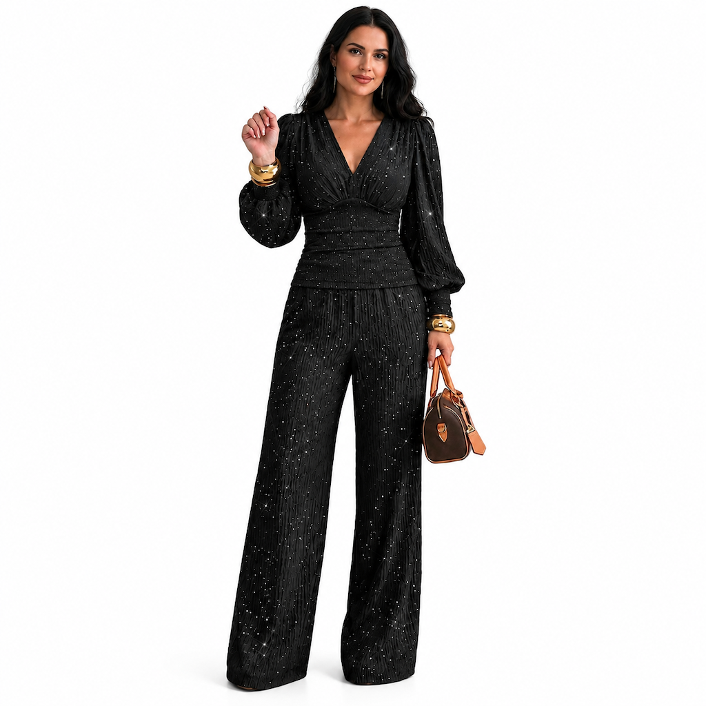 Ensemble deux pièces pour femme, automne-hiver, haut plissé à col V profond et manches bouffantes, avec pantalon large à poches