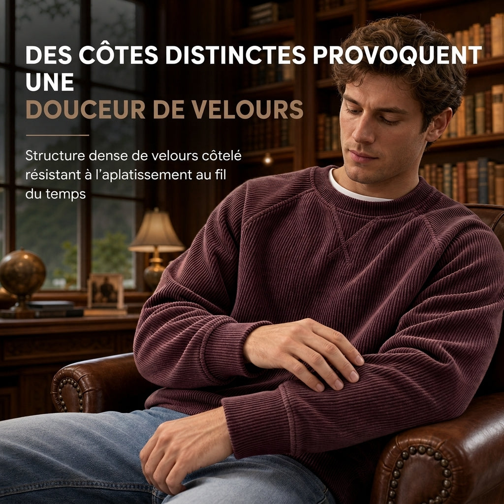 Pull à col rond en velours côtelé à manches longues pour hommes