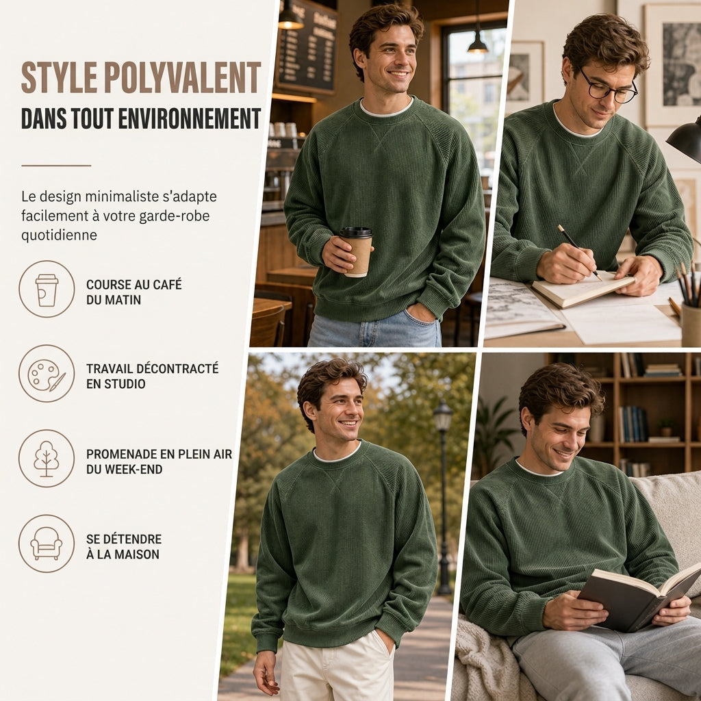Pull à col rond en velours côtelé à manches longues pour hommes