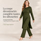 Ensemble deux pièces femme en maille côtelée, tunique à manches longues et haute fente et pantalon