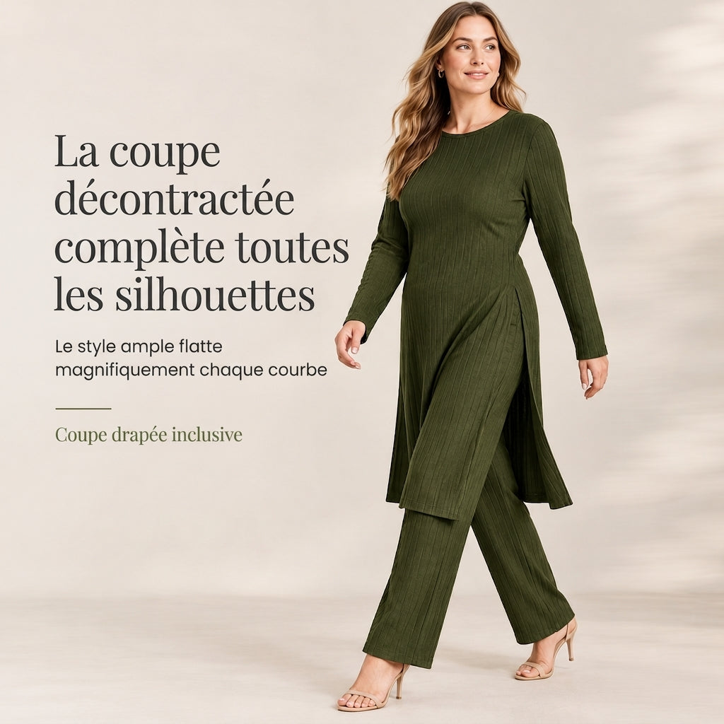 Ensemble deux pièces femme en maille côtelée, tunique à manches longues et haute fente et pantalon