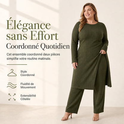 Ensemble deux pièces femme en maille côtelée, tunique à manches longues et haute fente et pantalon