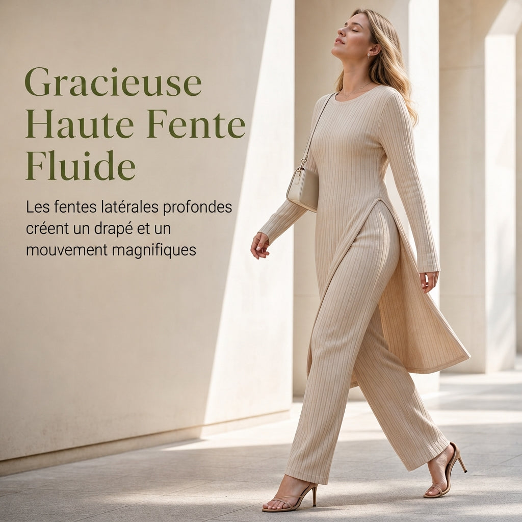 Ensemble deux pièces femme en maille côtelée, tunique à manches longues et haute fente et pantalon