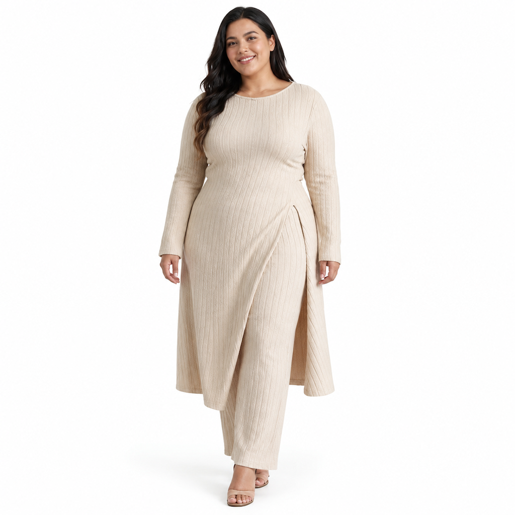Ensemble deux pièces femme en maille côtelée, tunique à manches longues et haute fente et pantalon