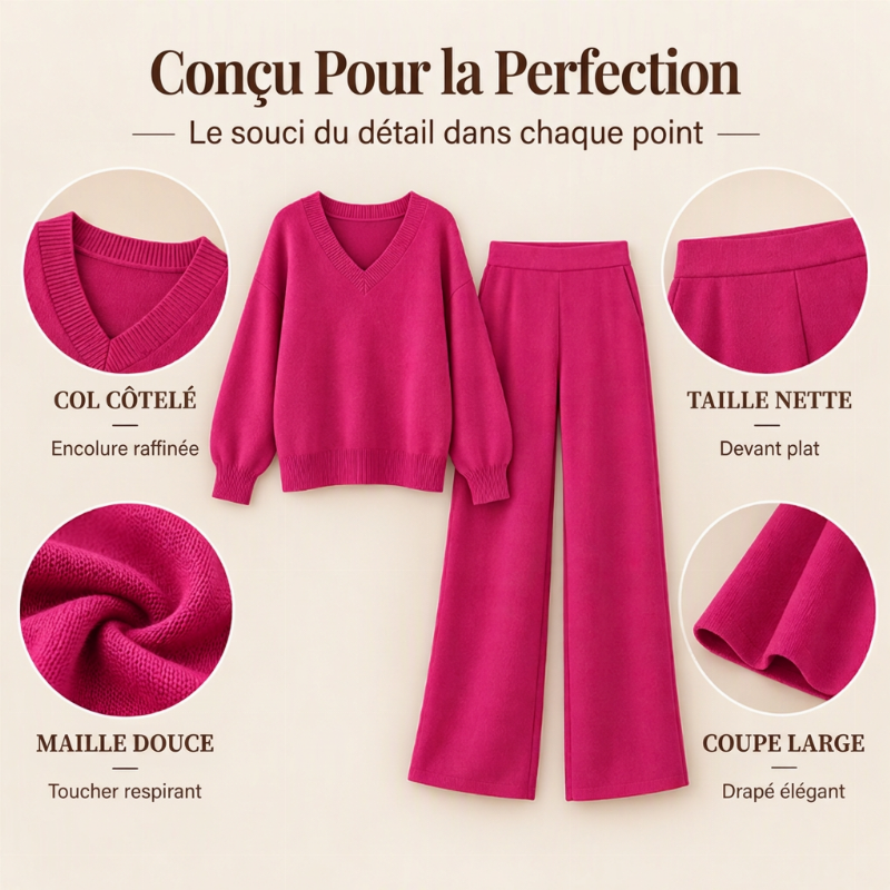 ✨ Ensemble 2 pièces pour femme : pull en maille col V et pantalon large, facile à porter au quotidien 🧶