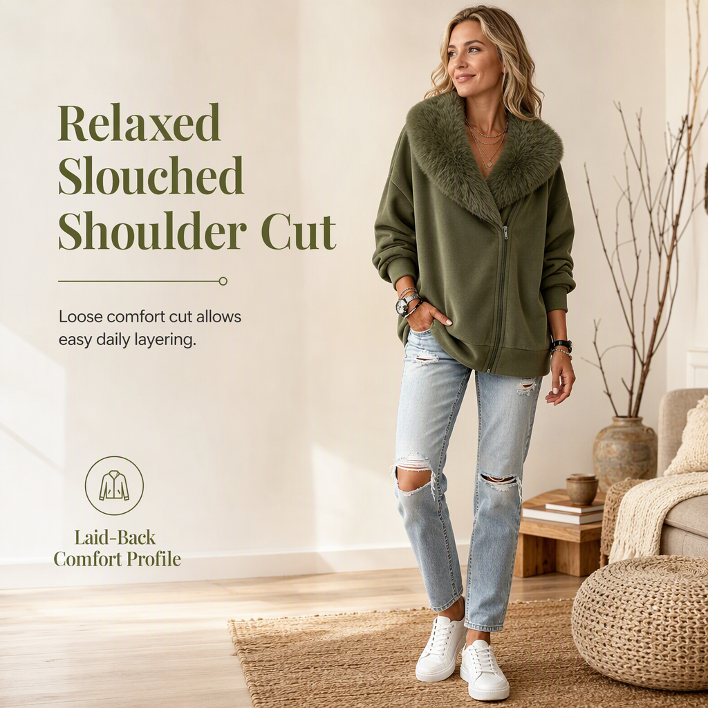 Manteau pour femme à la coupe ample, avec col en fausse fourrure moelleuse et fermeture éclair asymétrique