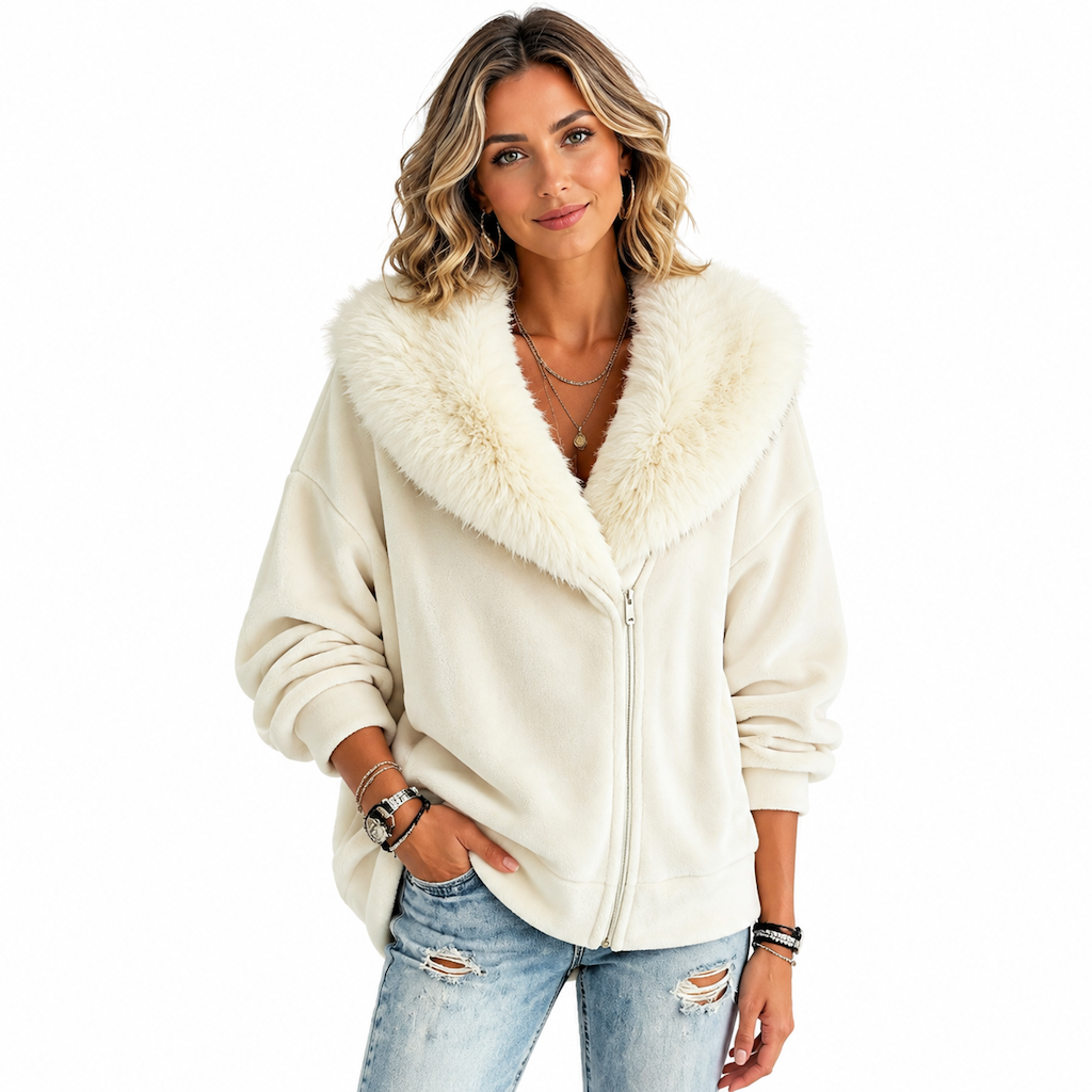 Manteau pour femme à la coupe ample, avec col en fausse fourrure moelleuse et fermeture éclair asymétrique
