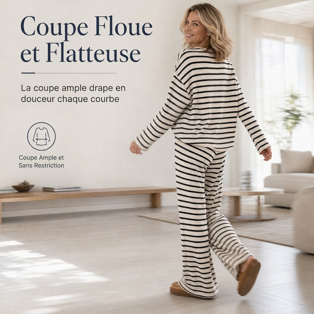 ✨ Ensemble de détente pour femme : haut rayé à col rond et manches longues, pantalon à cordon de serrage, facile à porter au quotidien 🛋️
