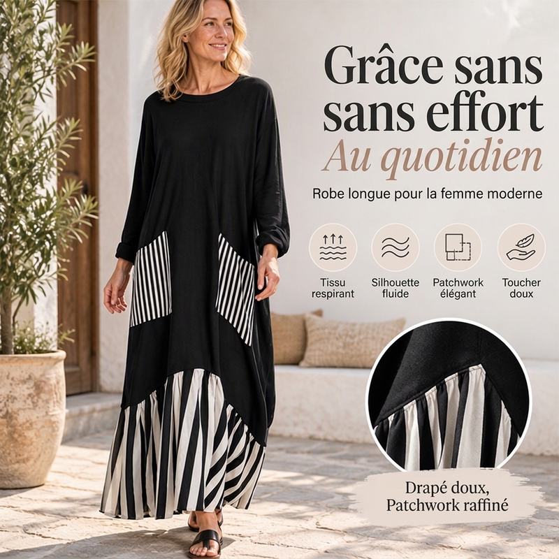 ⏰ Dernier jour des soldes – 52% DE RÉDUCTION ✨Robe longue à manches longues en patchwork rayé pour femme