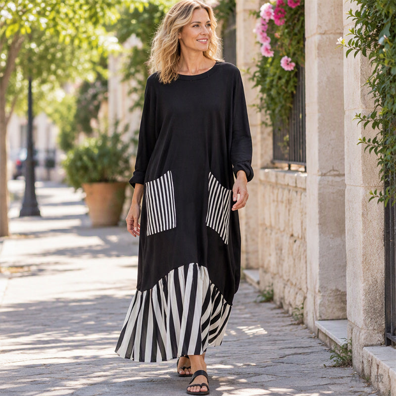⏰ Dernier jour des soldes – 52% DE RÉDUCTION ✨Robe longue à manches longues en patchwork rayé pour femme
