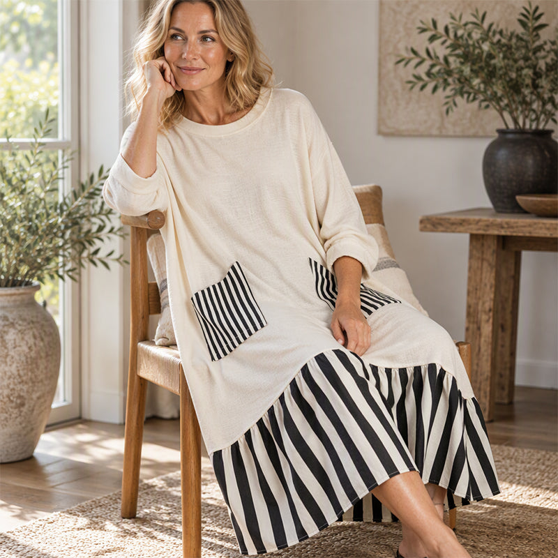 ⏰ Dernier jour des soldes – 52% DE RÉDUCTION ✨Robe longue à manches longues en patchwork rayé pour femme