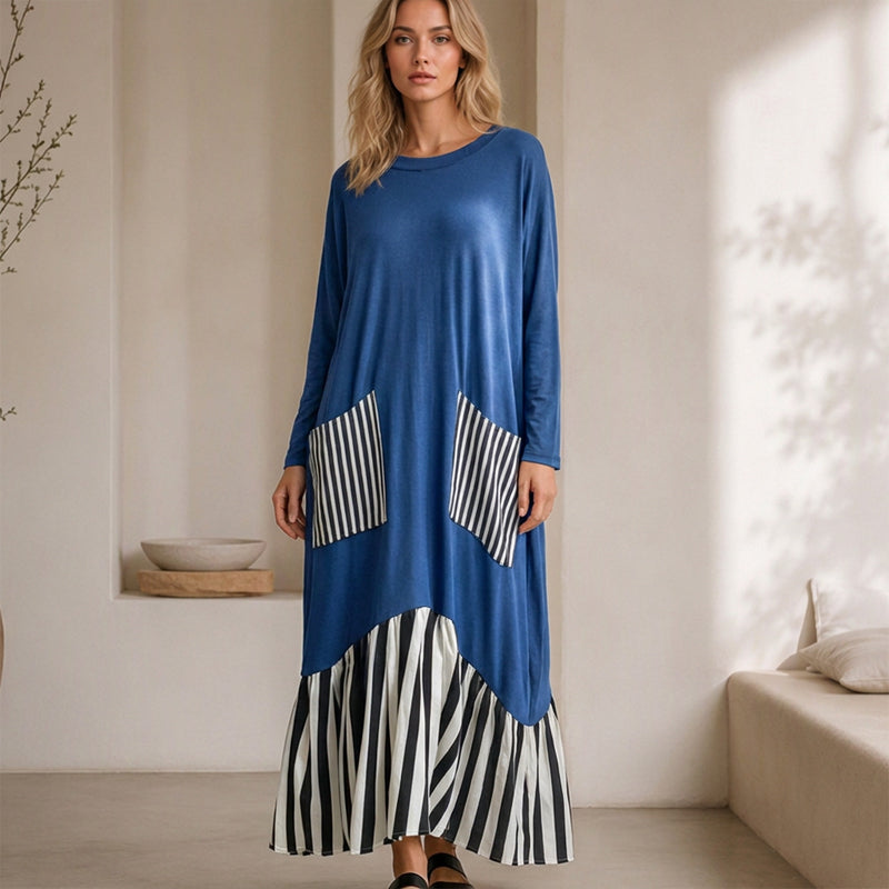 ⏰ Dernier jour des soldes – 52% DE RÉDUCTION ✨Robe longue à manches longues en patchwork rayé pour femme