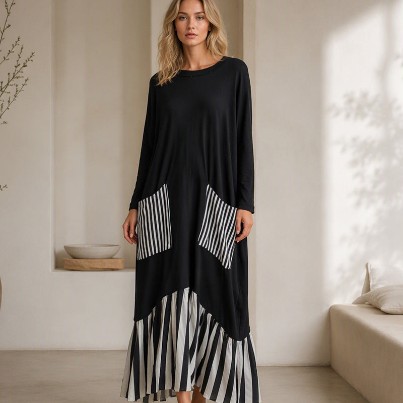 ⏰ Dernier jour des soldes – 52% DE RÉDUCTION ✨Robe longue à manches longues en patchwork rayé pour femme