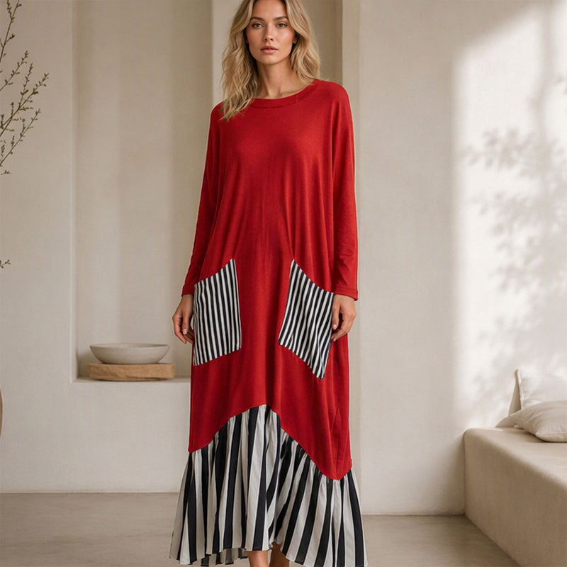 ⏰ Dernier jour des soldes – 52% DE RÉDUCTION ✨Robe longue à manches longues en patchwork rayé pour femme