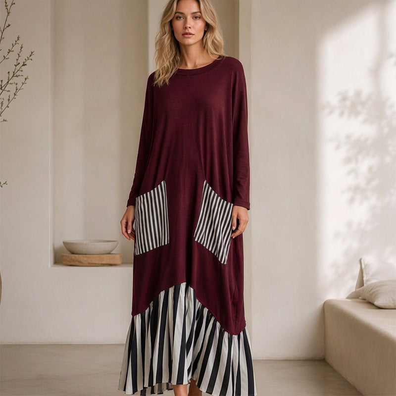 ⏰ Dernier jour des soldes – 52% DE RÉDUCTION ✨Robe longue à manches longues en patchwork rayé pour femme