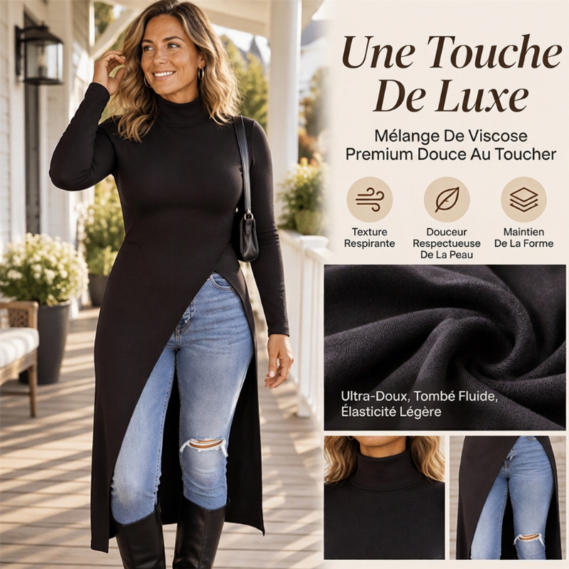 Tunique en maille à col roulé et fente haute pour femme