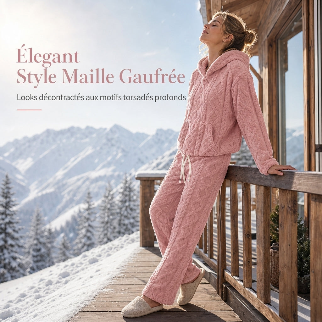 Ensemble de détente 2 pièces en tissu pelucheux pour femme, sweat à capuche et pantalon