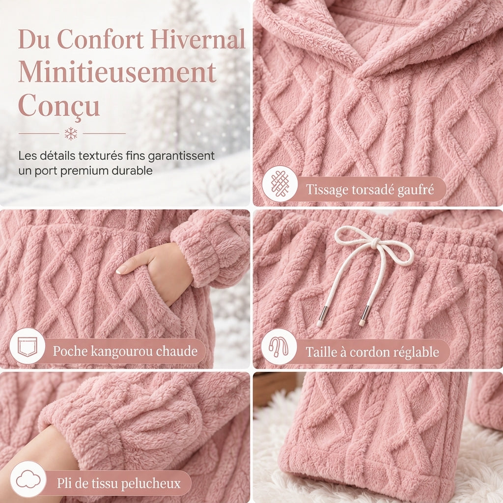 Ensemble de détente 2 pièces en tissu pelucheux pour femme, sweat à capuche et pantalon