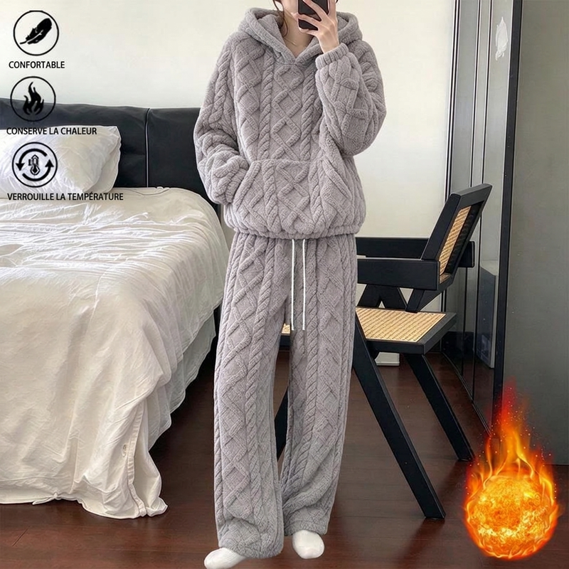Ensemble de détente 2 pièces en tissu pelucheux pour femme, sweat à capuche et pantalon