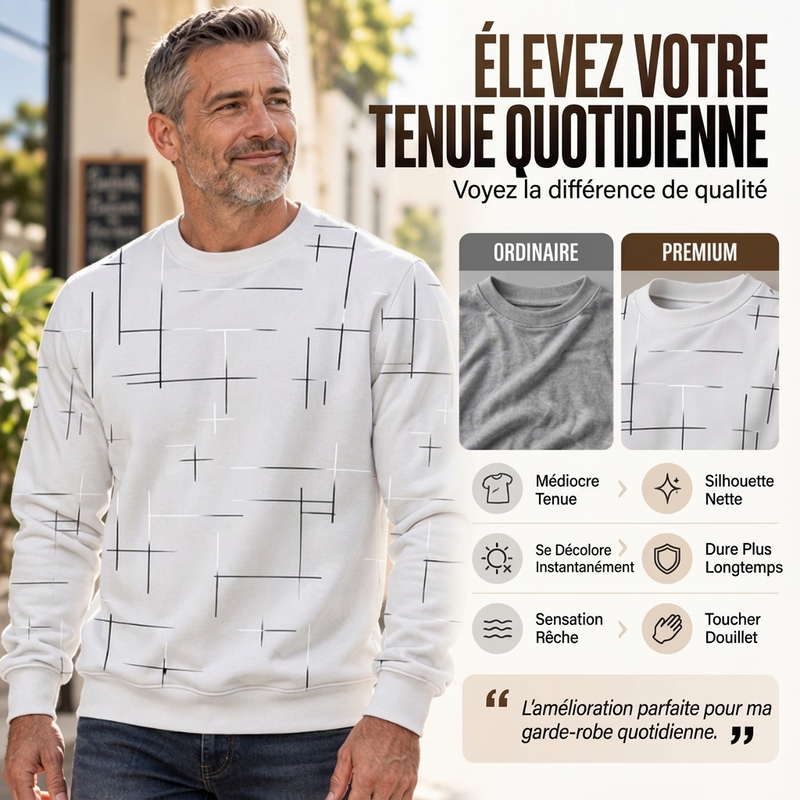 Sweat-shirt homme à col rond et imprimé lignes