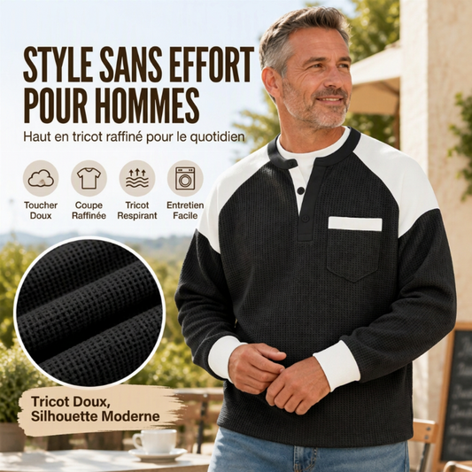 Haut Henley décontracté en maille gaufrée à blocs de couleurs pour hommes
