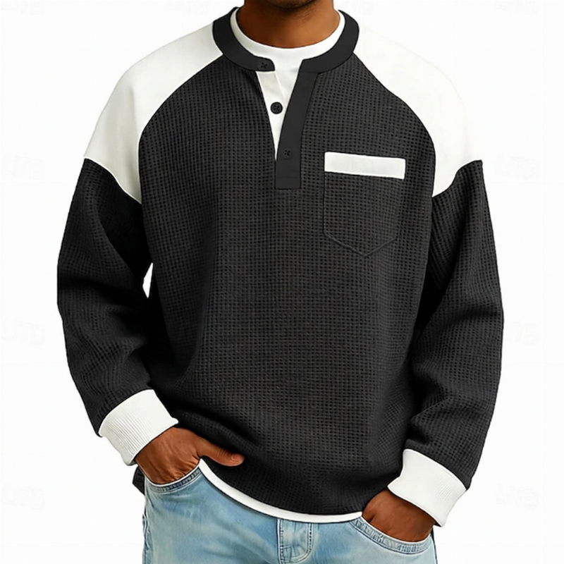 Haut Henley décontracté en maille gaufrée à blocs de couleurs pour hommes