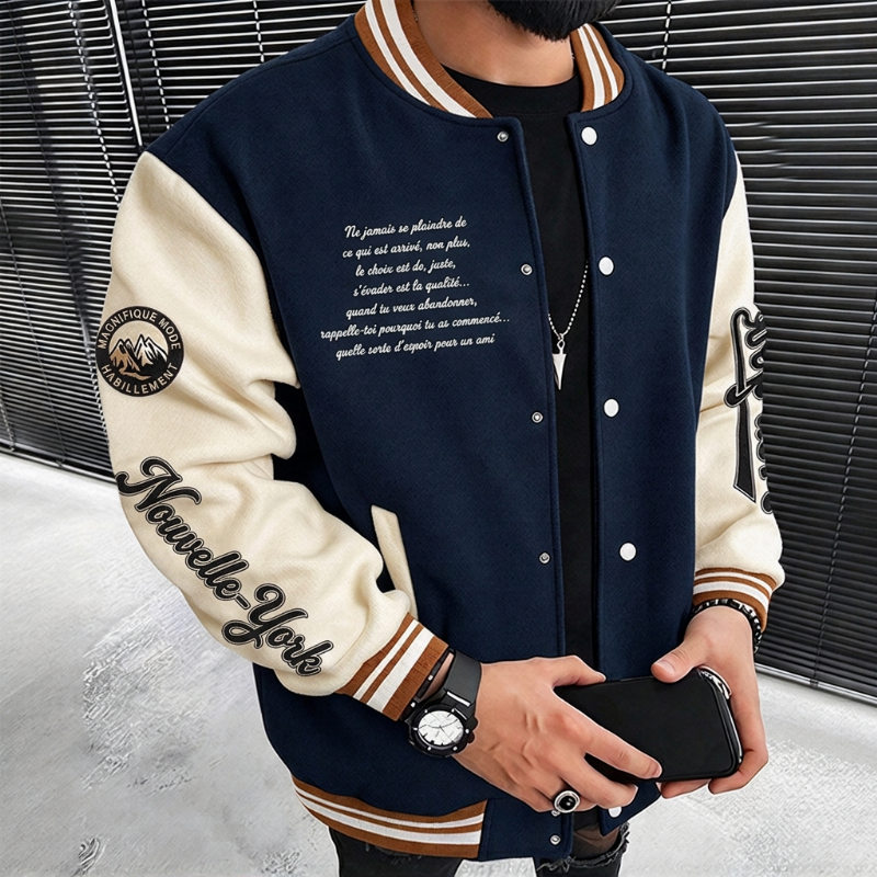 Veste de baseball d'occasion à bloc de couleurs pour hommes