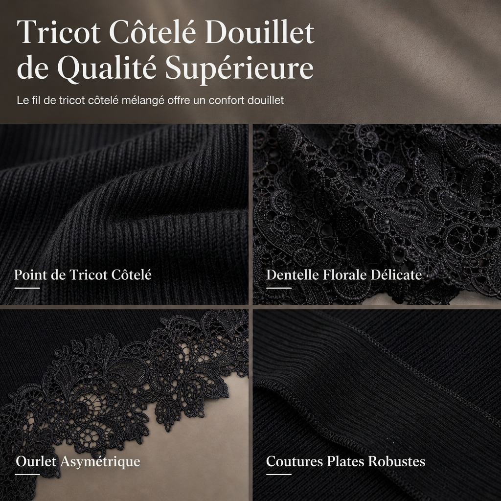 Robe pull oversize à épaules dénudées pour femme, avec bord asymétrique en dentelle florale