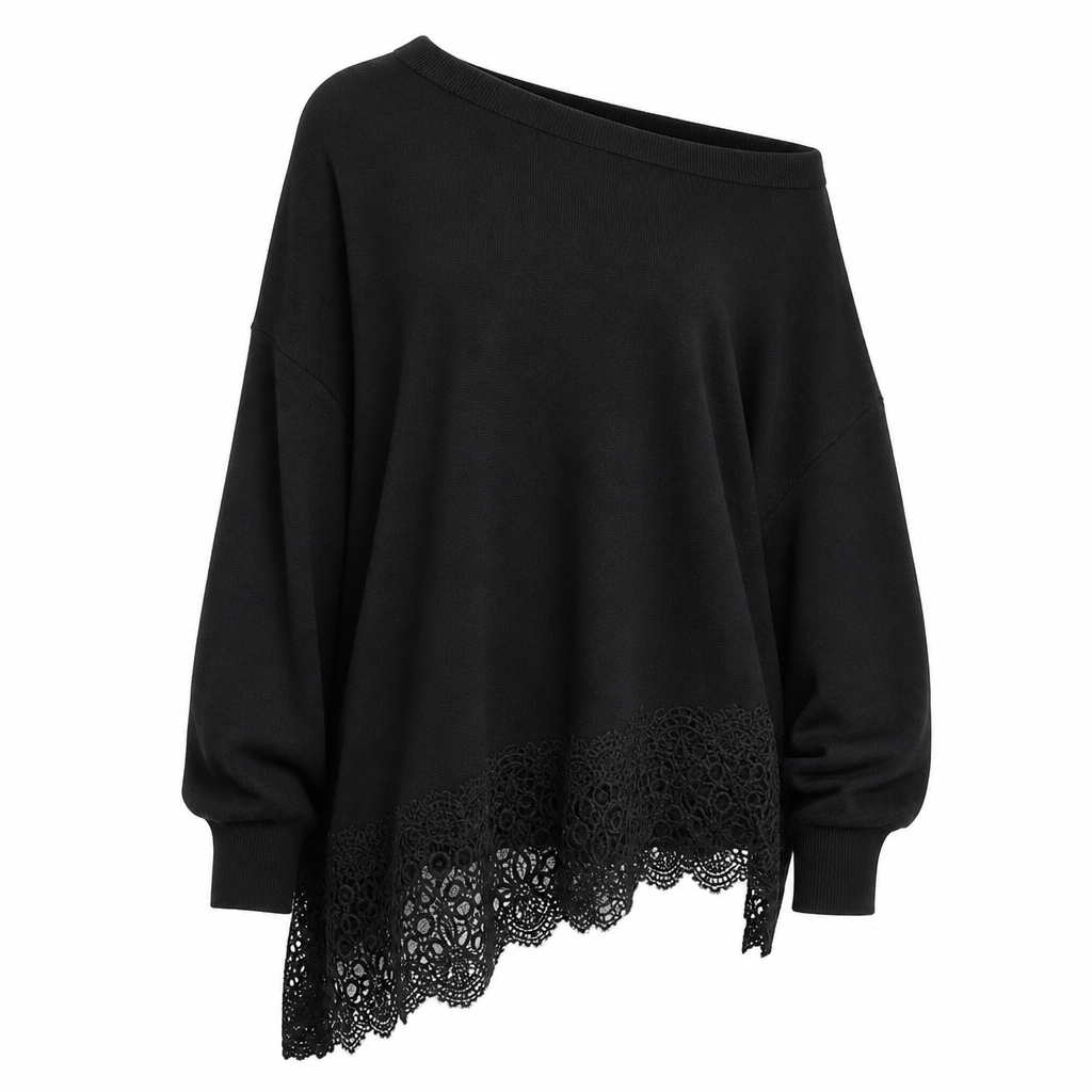 Robe pull oversize à épaules dénudées pour femme, avec bord asymétrique en dentelle florale