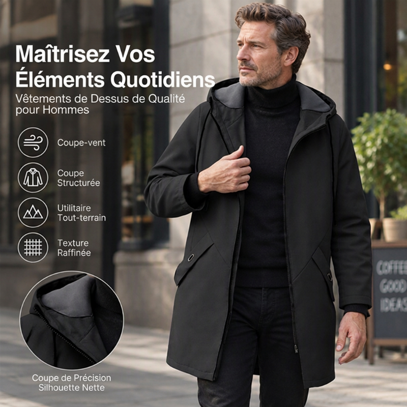 Trench-coat à capuche mi-long pour homme
