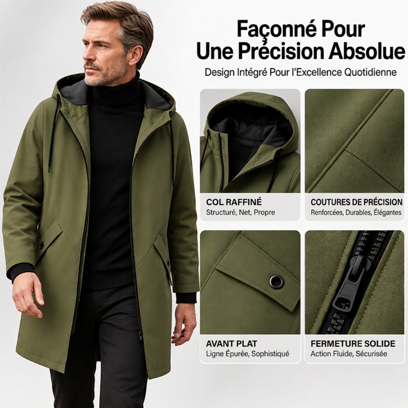 Trench-coat à capuche mi-long pour homme