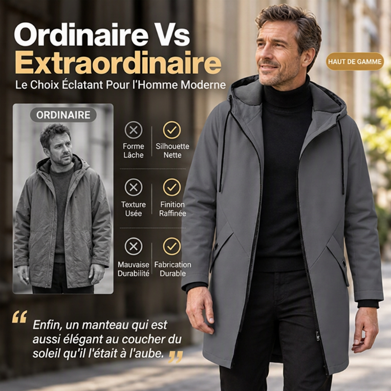 Trench-coat à capuche mi-long pour homme