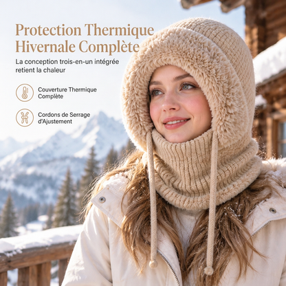 Bonnet en tricot épais pour femme avec tour de cou et masque facial intégrés, bonnet chaud de protection des oreilles pour les activités extérieures en hiver
