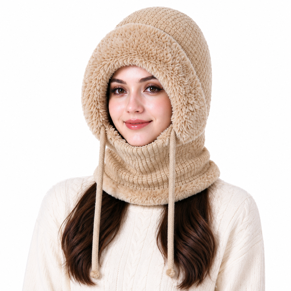 Bonnet en tricot épais pour femme avec tour de cou et masque facial intégrés, bonnet chaud de protection des oreilles pour les activités extérieures en hiver