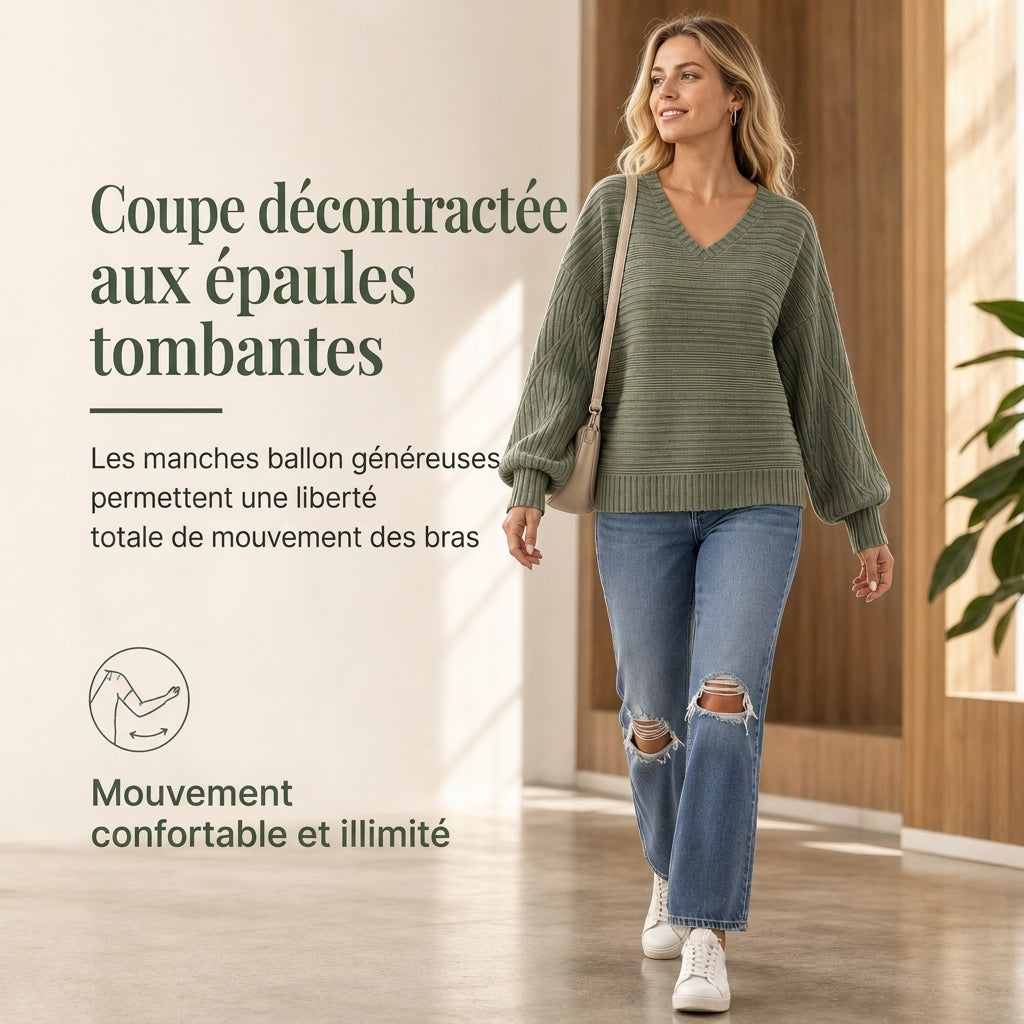Haut décontracté à manches longues et col en V pour femme