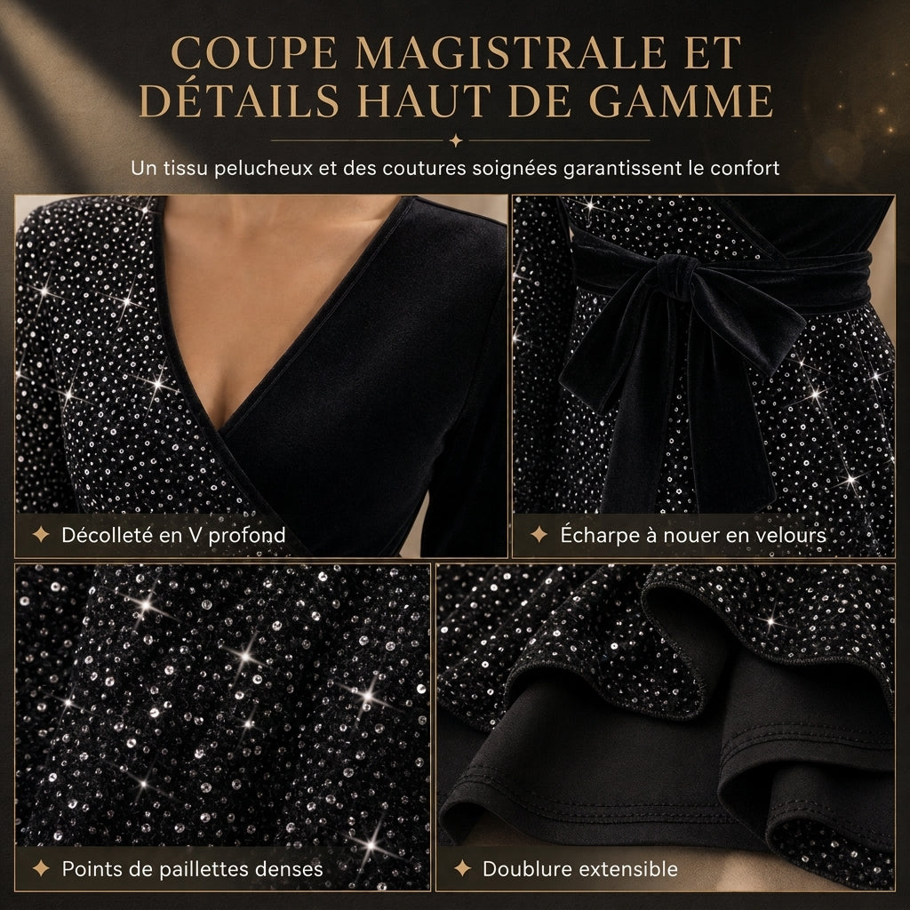 Roche femme moulante à sequins sexy avec col en V et ourlet asymétrique