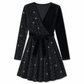 Roche femme moulante à sequins sexy avec col en V et ourlet asymétrique