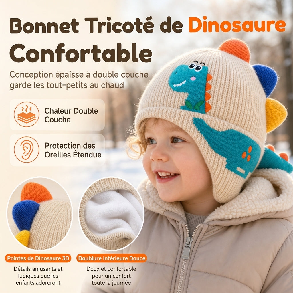 Bonnet en tricot dinosaure mignon pour tout-petits et enfants, bonnet d'hiver épais et chaud, coupe-vent avec protections d'oreilles pour garçons et filles