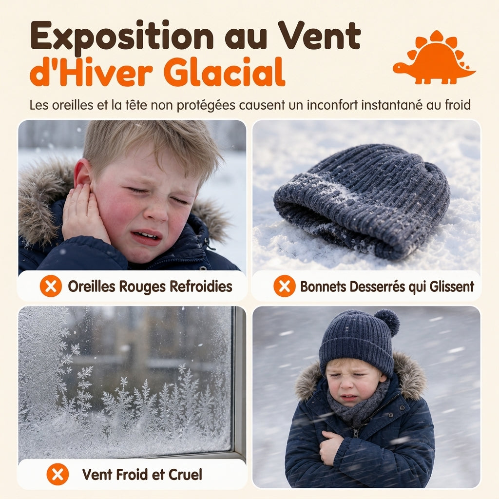 Bonnet en tricot dinosaure mignon pour tout-petits et enfants, bonnet d'hiver épais et chaud, coupe-vent avec protections d'oreilles pour garçons et filles
