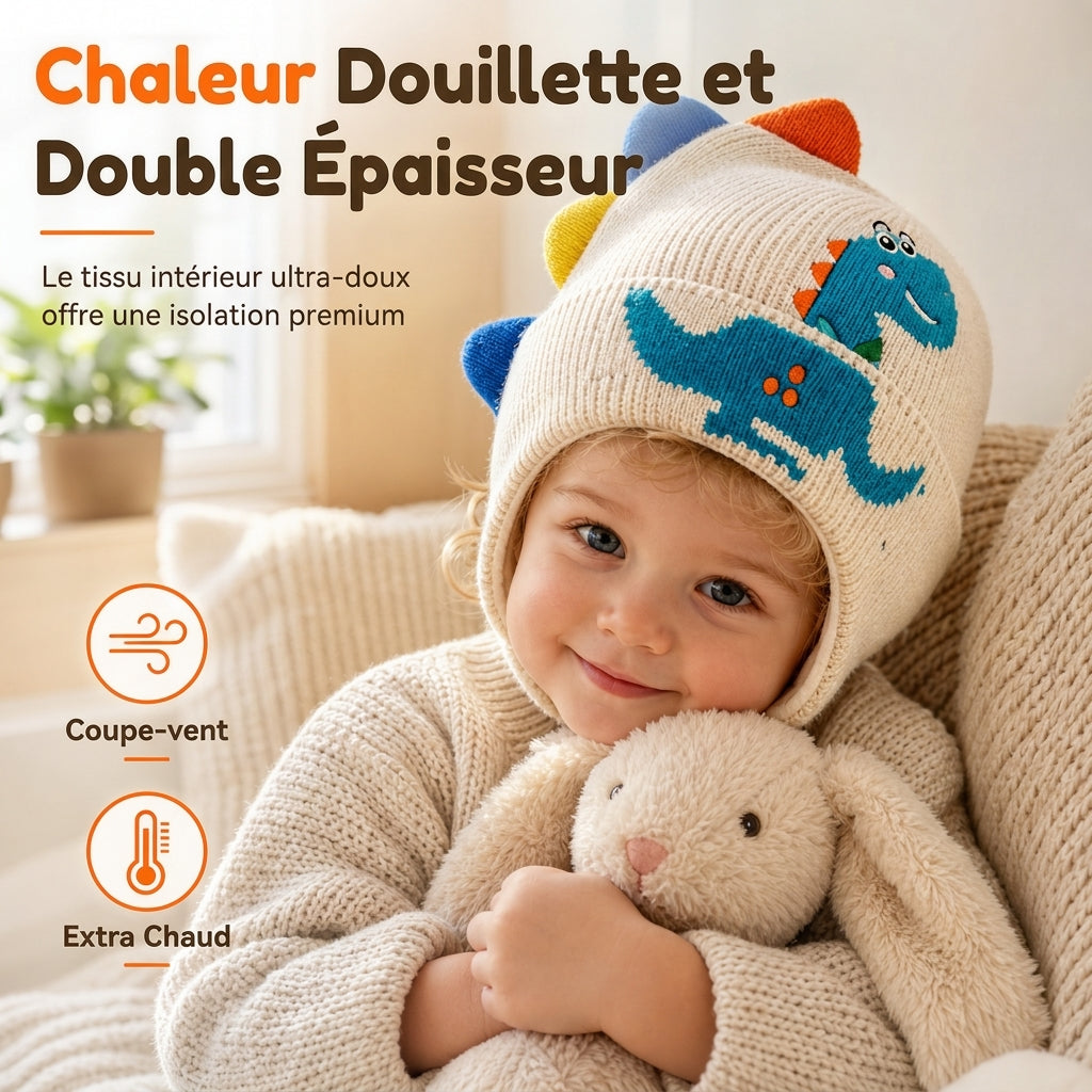 Bonnet en tricot dinosaure mignon pour tout-petits et enfants, bonnet d'hiver épais et chaud, coupe-vent avec protections d'oreilles pour garçons et filles