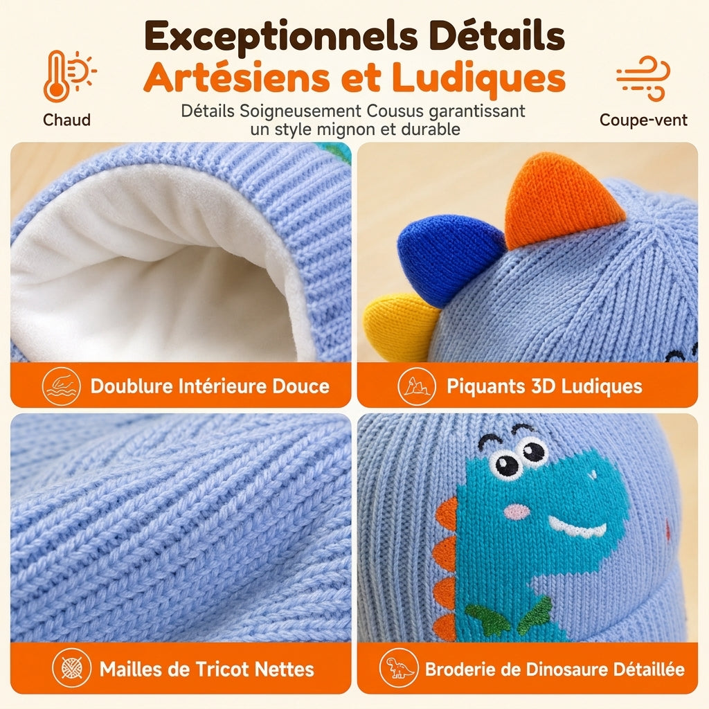 Bonnet en tricot dinosaure mignon pour tout-petits et enfants, bonnet d'hiver épais et chaud, coupe-vent avec protections d'oreilles pour garçons et filles