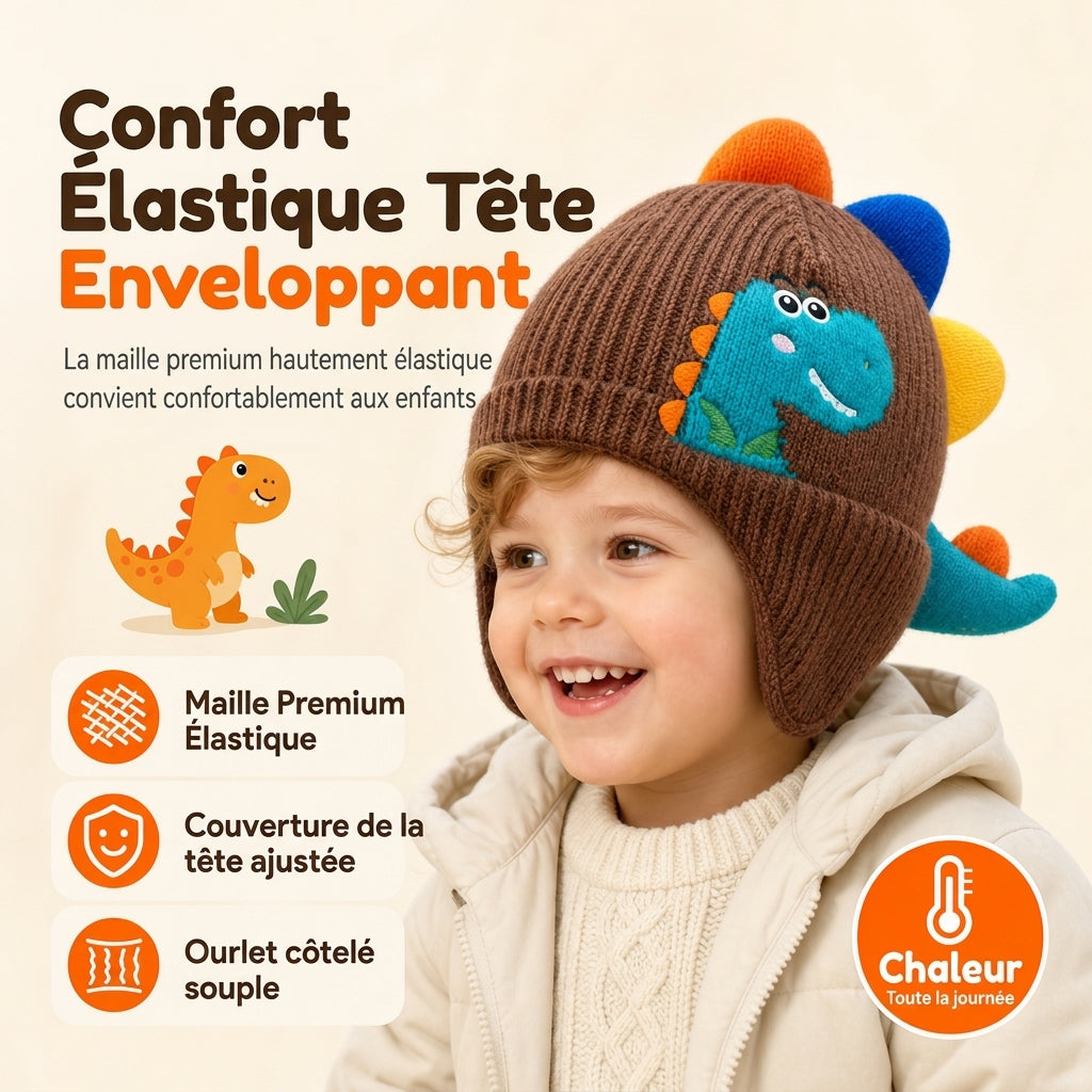 Bonnet en tricot dinosaure mignon pour tout-petits et enfants, bonnet d'hiver épais et chaud, coupe-vent avec protections d'oreilles pour garçons et filles