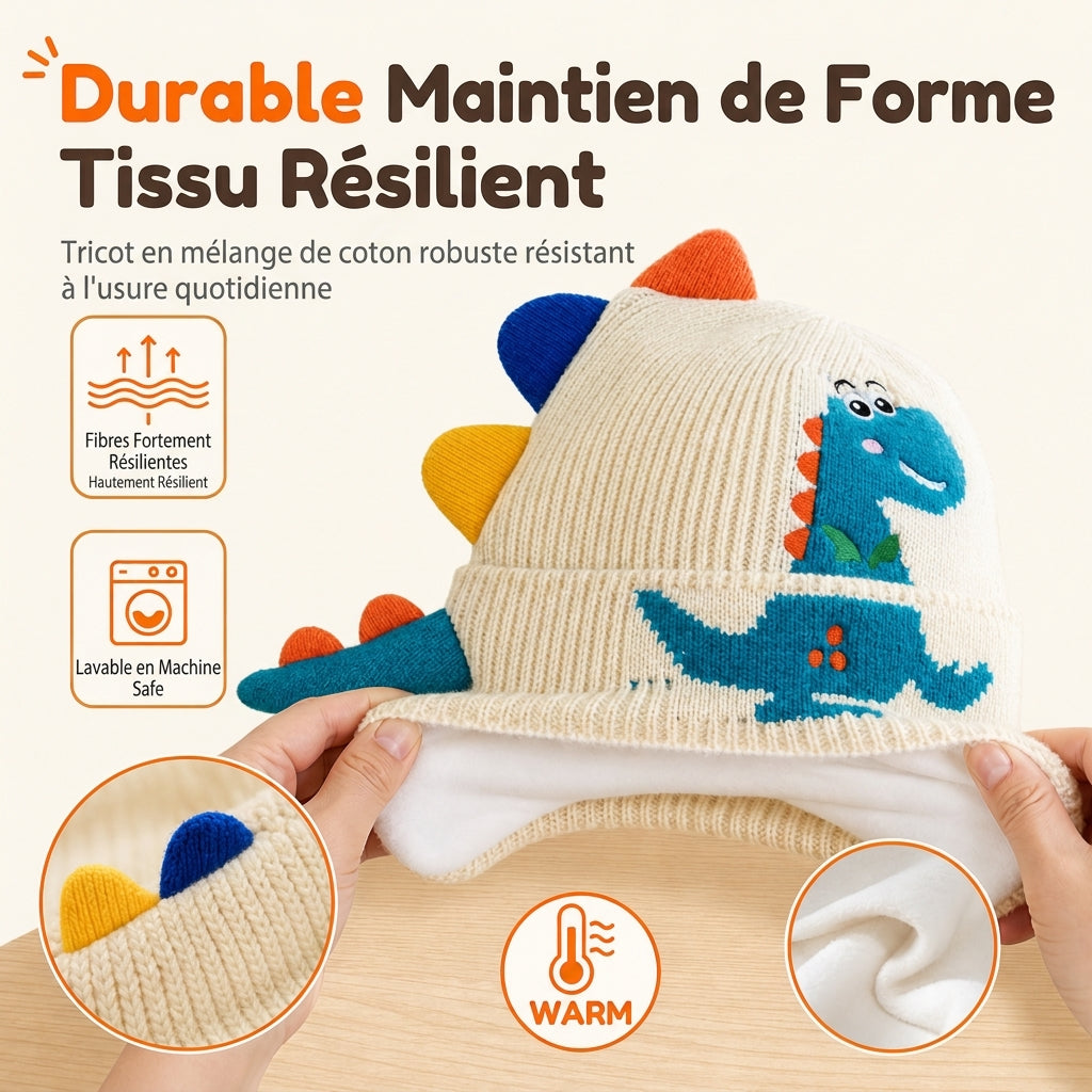 Bonnet en tricot dinosaure mignon pour tout-petits et enfants, bonnet d'hiver épais et chaud, coupe-vent avec protections d'oreilles pour garçons et filles