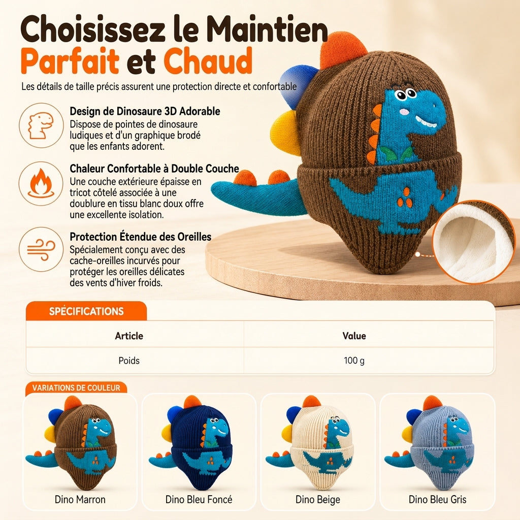 Bonnet en tricot dinosaure mignon pour tout-petits et enfants, bonnet d'hiver épais et chaud, coupe-vent avec protections d'oreilles pour garçons et filles