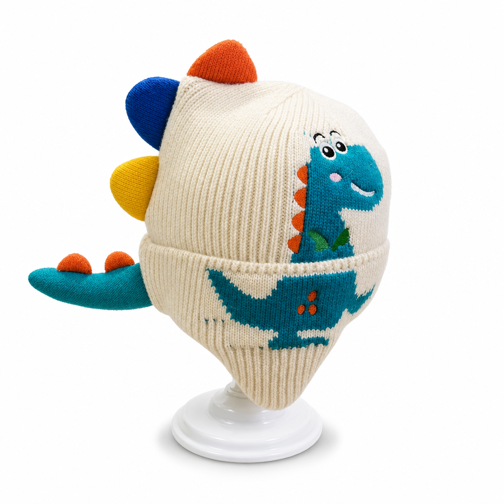 Bonnet en tricot dinosaure mignon pour tout-petits et enfants, bonnet d'hiver épais et chaud, coupe-vent avec protections d'oreilles pour garçons et filles
