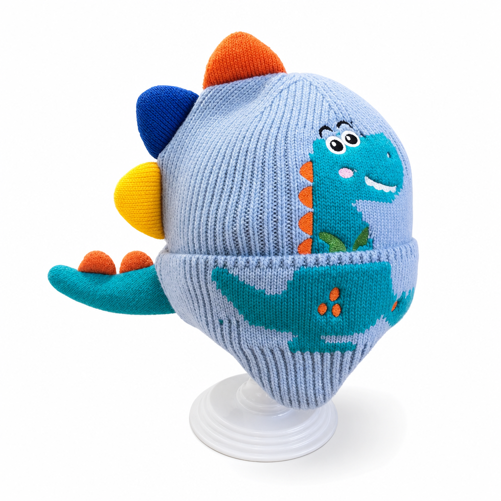 Bonnet en tricot dinosaure mignon pour tout-petits et enfants, bonnet d'hiver épais et chaud, coupe-vent avec protections d'oreilles pour garçons et filles