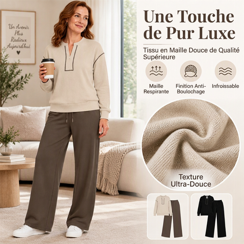 Ensemble femme top à manches longues demi-zippé et pantalon large